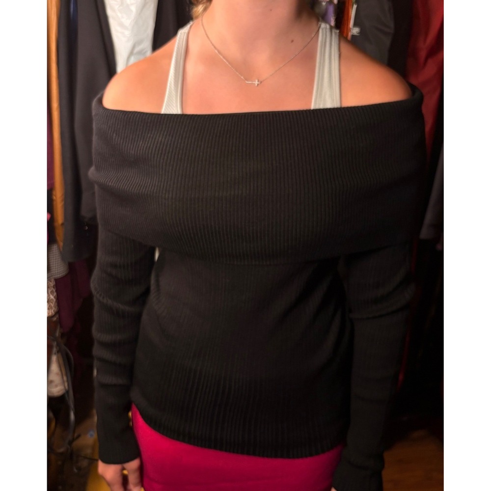 BCX Off-the-Shoulder Sweater Womens Large Black Good Ribbed Knit Fold-Over Top